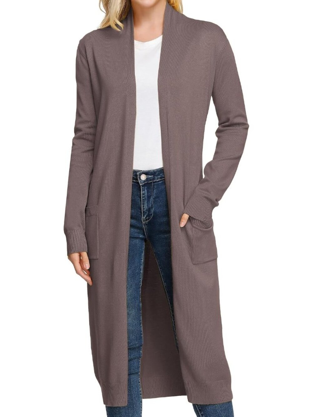Women's Chocolate Lightweight Solid Open Front Maxi Knitted Cardigan Sweater